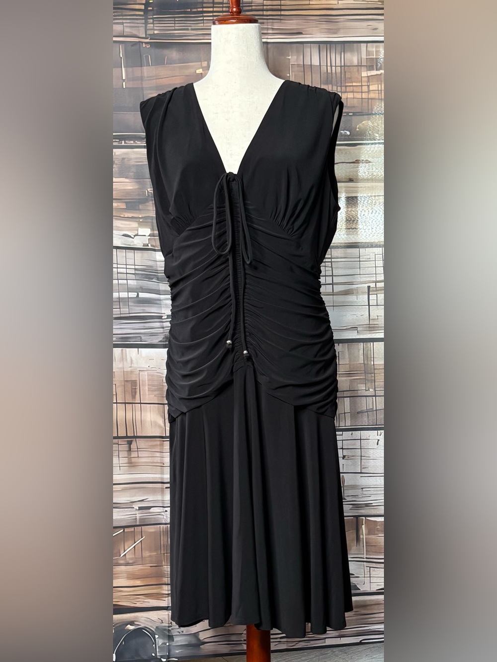 White House Black Market NWT Black Ruched Tie Front V Neck Midi Dress 14